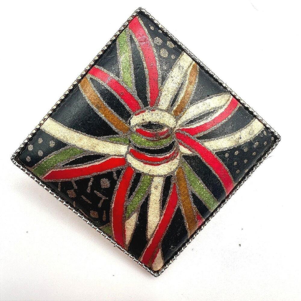 Vintage 90s Enamel Abstract Art Gold Tone Square Brooch Pendant Fashion Jewelry